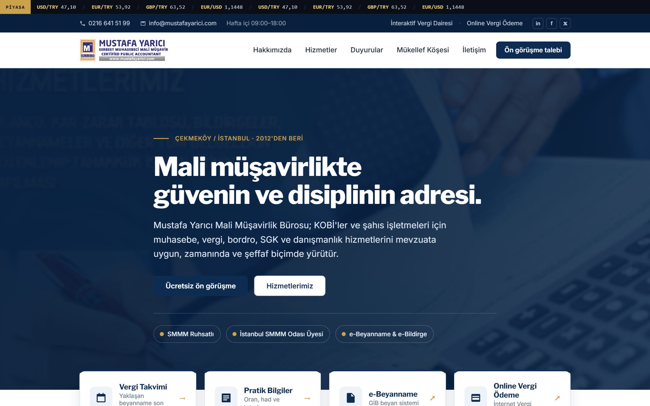 Mustafa Yarıcı accountancy website hero with navy corporate design and live market ticker
